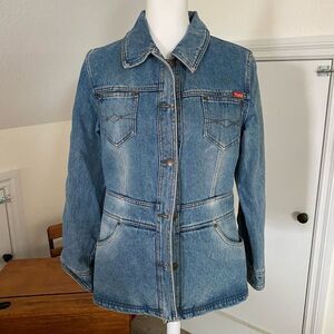 Mudd Outerwear Jean Jacket Distressed Denim Cinched Waist Blazer Coat Women’s Si